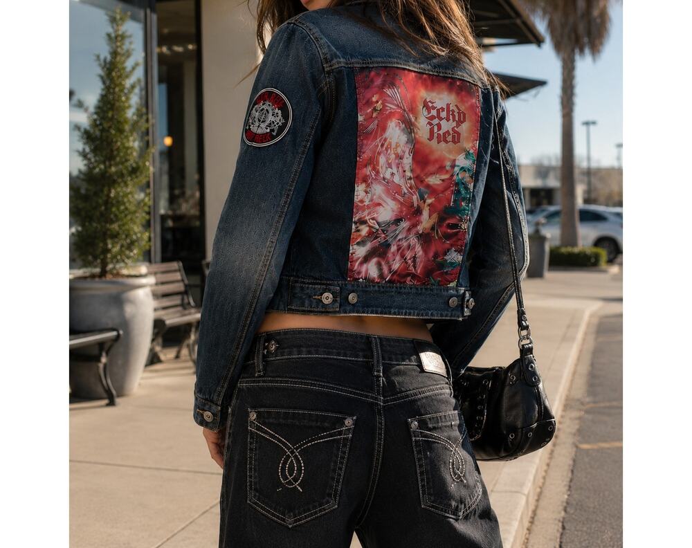 Y2K Ecko Denim Jacket Womens Size Large Graphic Streetwear Art Grunge Indie